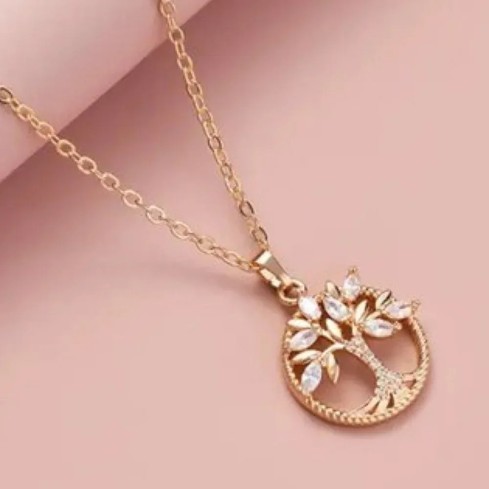 Tree of Life Pendant Necklace White Rhinestones Gold Tone Adjustable 22